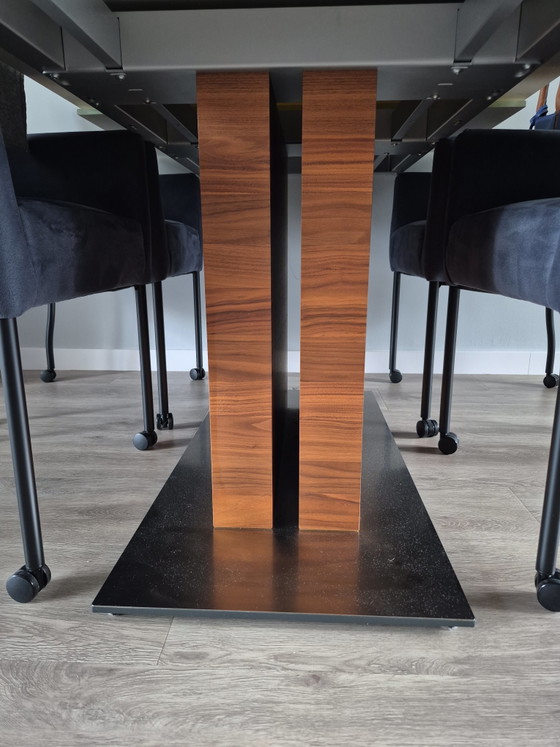 Image 1 of Hülsta Design Dining Table – Satin Glass, Walnut Wood & Stainless Steel