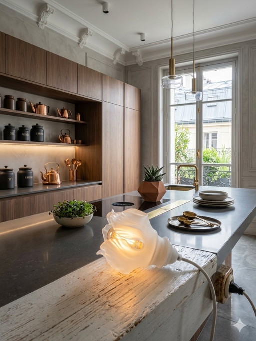 Tulip-shaped portable lamp in frosted glass – Vintage Floral Design