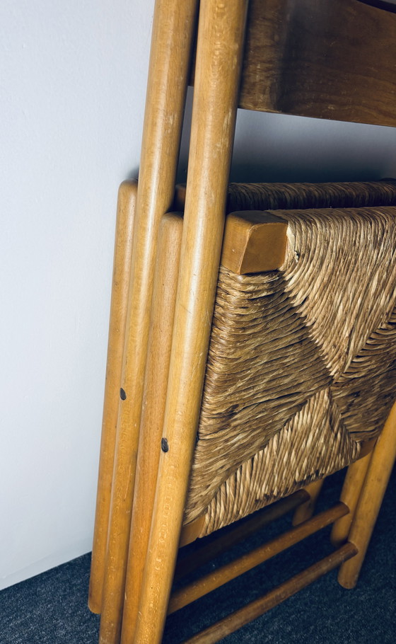 Image 1 of Set of 2 vintage wooden folding chairs with rattan seats – 1970s/1980s kg