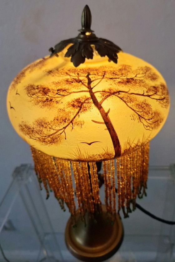 Image 1 of Antique Signed Reverse Painted Bronze Table Lamp, 1910-20