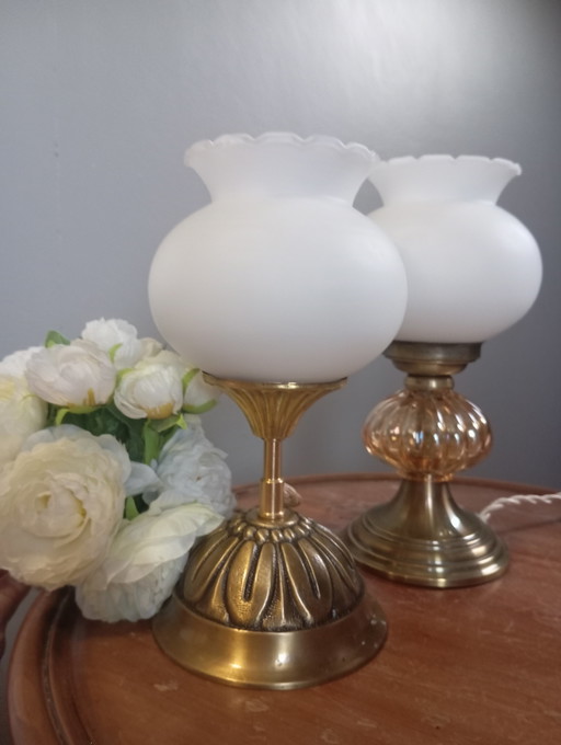 Trio of retro chic art deco style ambiance lamps, white opaline