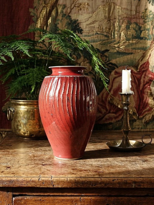 Oxblood-blood glazed stoneware vase with ribs, 20th-century workshop piece