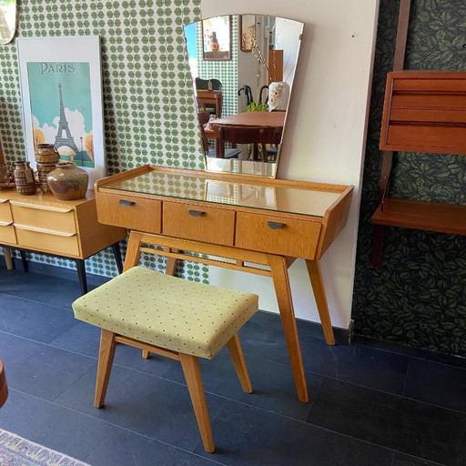 Vintage oak dressing table with mirror and matching stool