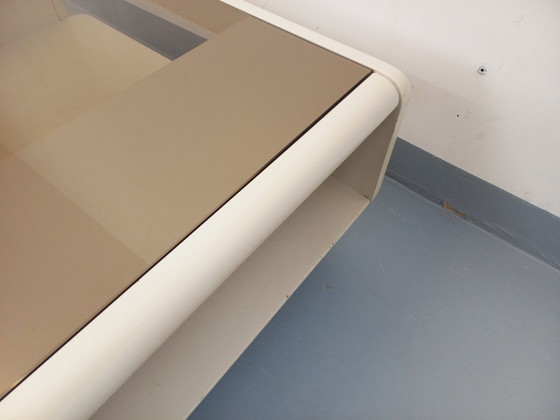 Image 1 of Vintage square coffee table in Space Age style, made of white wood and smoked glass, from the 1970s