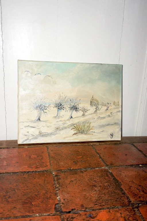 Winterlandschaft-Ölgemälde * verschneite Landschaft * Vintage-Kunst aus der Mitte des 20. Jahrhunderts * signiert