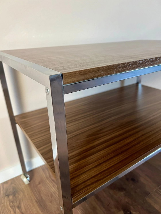 Mid Century Chrome and Teak Formica Serving Trolley, 1970s, Space Age Serving Trolley, Vintage Rolling TV Cart (photo 4 of 9)