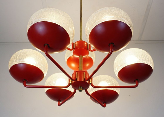 Image 1 of stunning 1960s 70s mid century modern CHANDELIER, red metal and brass, 9 crackle glass shades