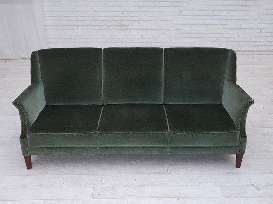 Image 1 of 1960s, Danish 3-seater sofa, original turquoise-green furniture velour.