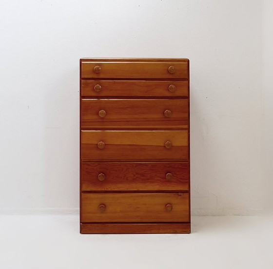 Image 1 of Vintage ladekast met 6 laden van massief grenenhout - jaren 70