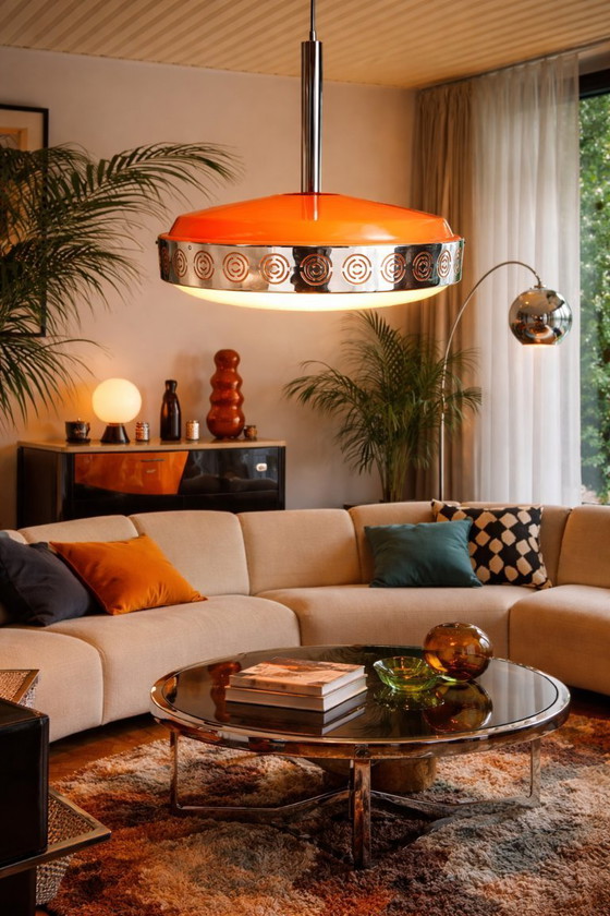 Image 1 of Lampada a sospensione vintage "UFO" in stile Space Age | Massive Belgium | Arancione e cromo - Anni '70