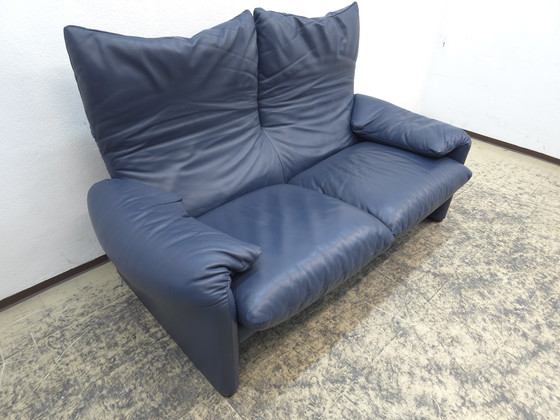 Image 1 of Cassina Maralunga Two-Seater Blue Designer Sofa Leather Sofa Couch Magistretti