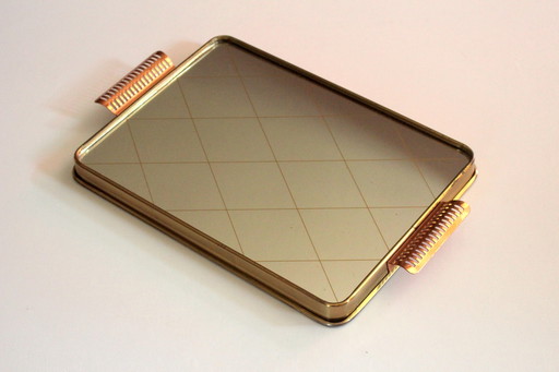 1950s mirror tray - serving tray with copper handles