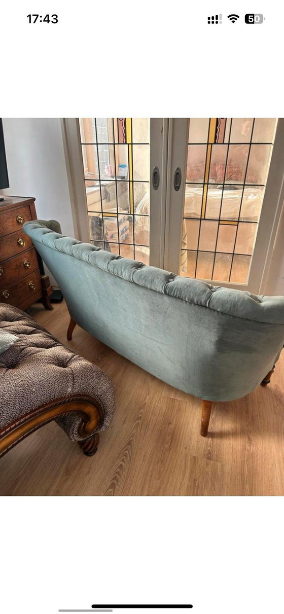 Image 1 of Classic green sofa with wooden legs vintage
