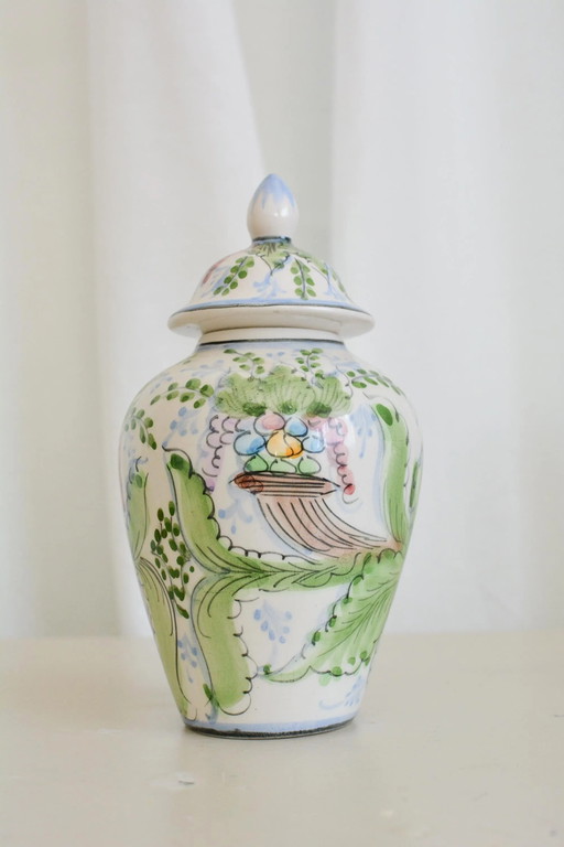 Vintage Alcobaça Floral Potiche Vase, Hand-Painted Portuguese Ceramic, 1970s