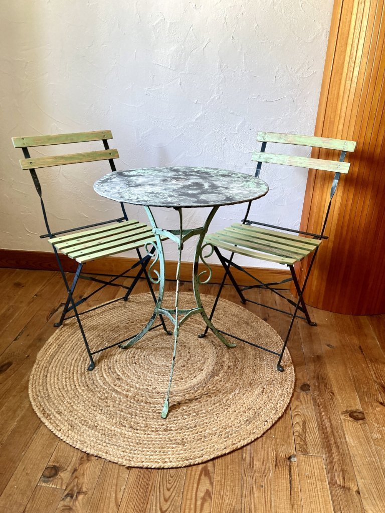Antique wrought iron bistro set – 1930s table and folding chairs