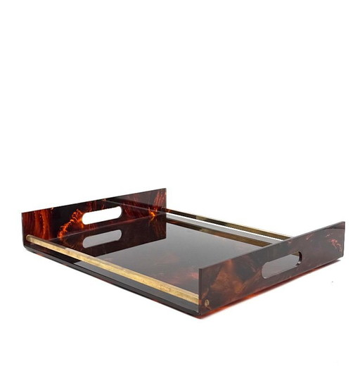 Hollywood Regency dienblad van messing en lucite met schildpadmotief, Italië, jaren 70.
