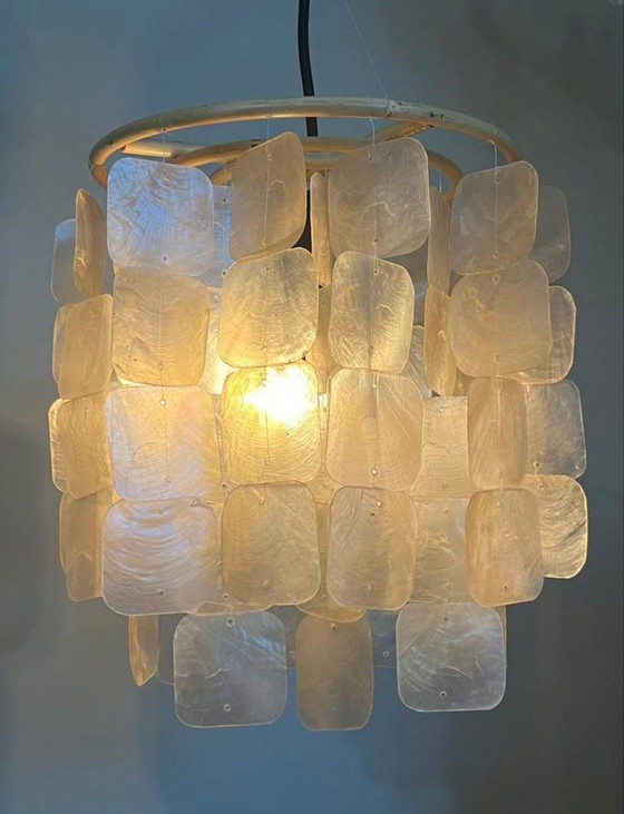 Image 1 of Set Of 2 Capiz Shell Pendant Lamps Bamboo Frame