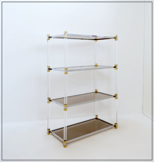 Claustra shelf in Plexiglas, smoked glass and brass, Charles Hollis Jones style