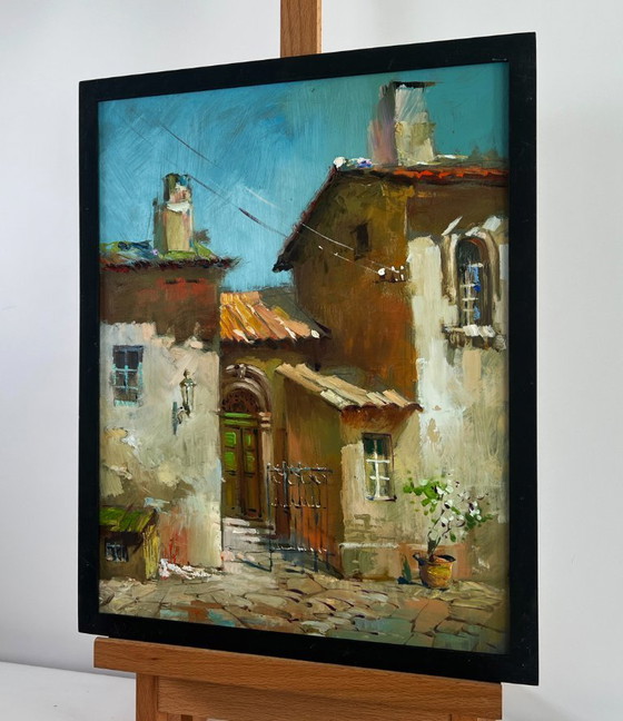 Image 1 of Original Oil Painting Summer Street Landscape Old house in the city