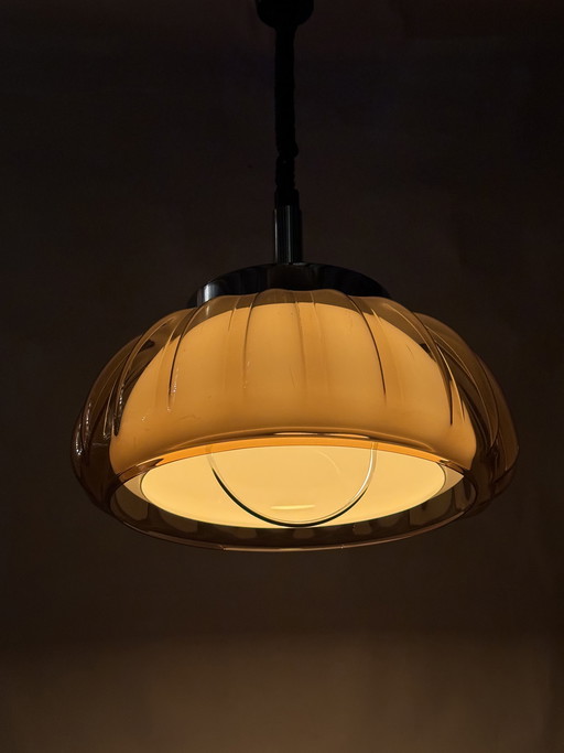 Vintage oranje Dijkstra bloem hanglamp uit de jaren 70 met een futuristisch design.