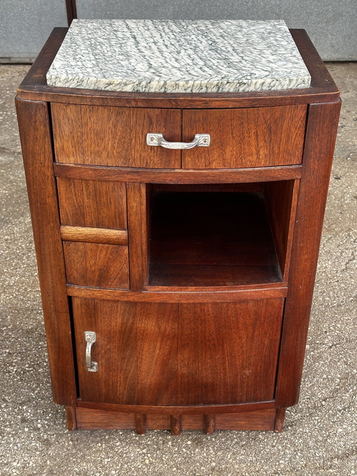 Table de Chevet Art-Deco en Bois de Niangon et Marbre Nervures Vertes
