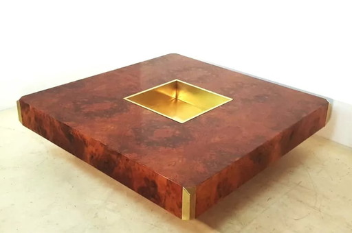 Willy Rizzo Burl Wood And Brass Square Bar Coffee Table Alveo.