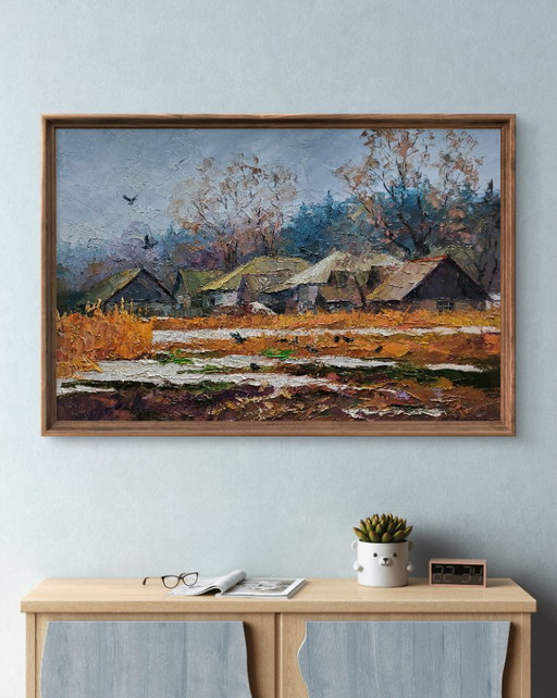 Original Oil Painting Rural Landscape The First Snow Fell In The Village – schilderijen tekeningen, Canvas (photo 2 of 7)
