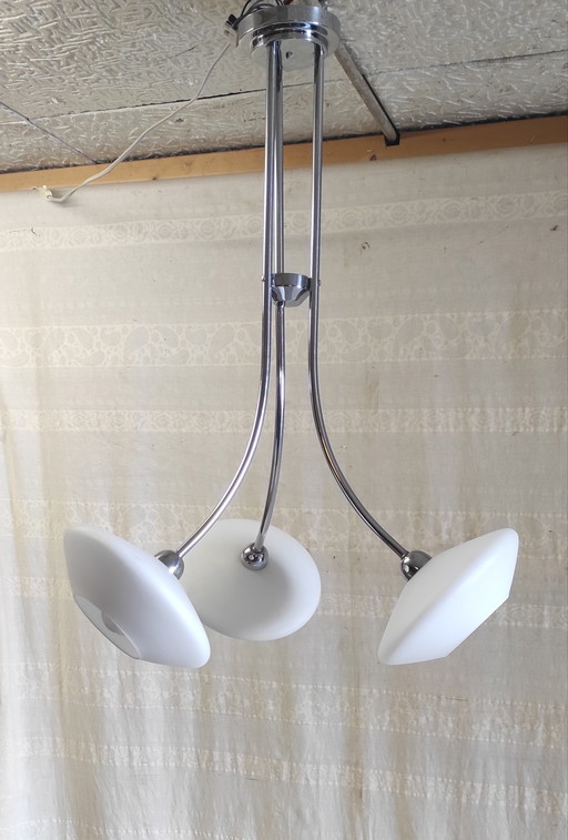 Bauhaus design 3-light chandelier in chromed metal and opaline glass - 1930s/40s