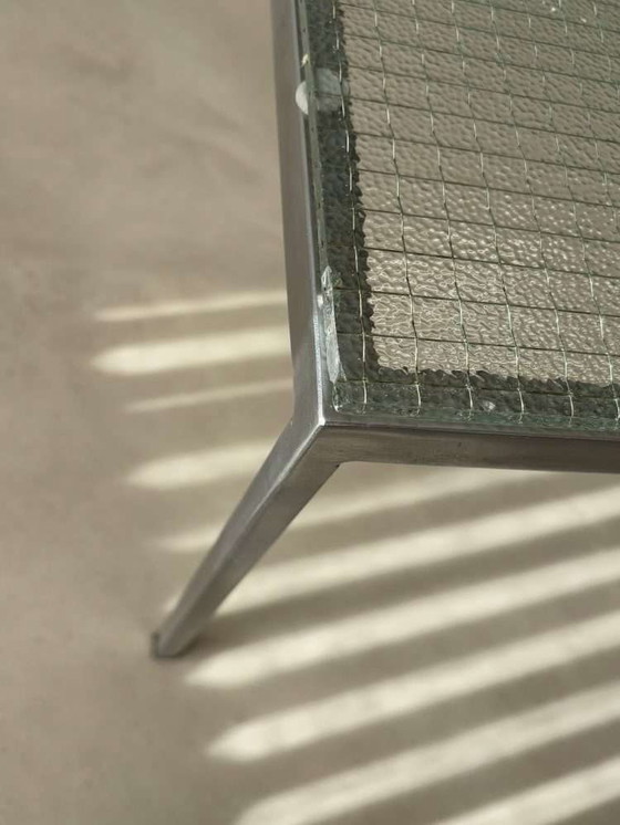 Image 1 of Table basse en acier inoxydable avec plateau en verre armé, style minimaliste des années 1960