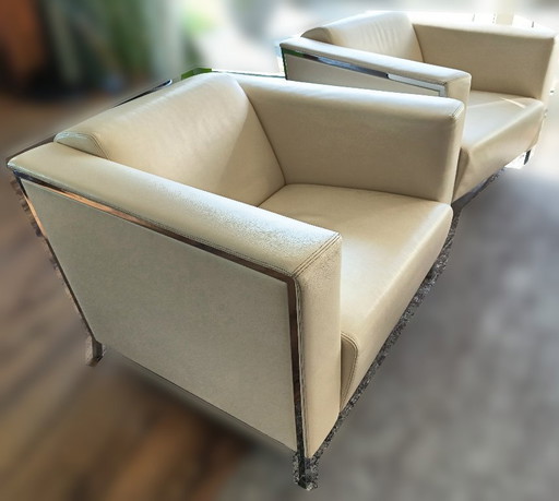 Area salotto in pelle Moroso Steel, bianco crema