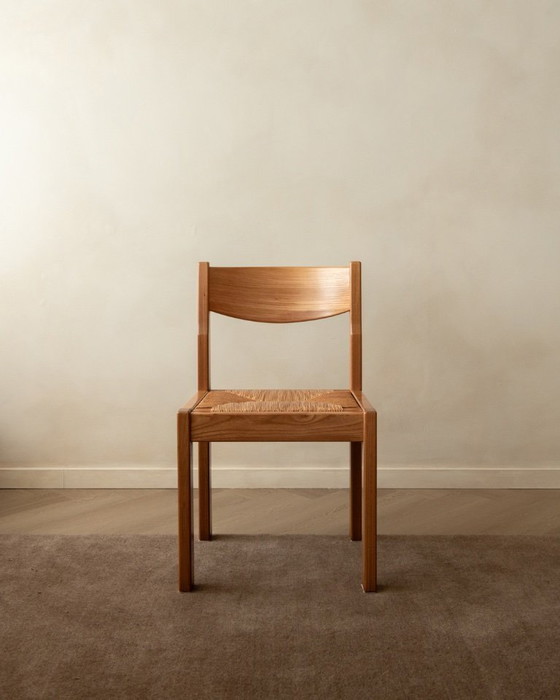 Image 1 of Mid-century eetkamerstoelen van iepenhout en riet van Maison Regain, jaren 70, set van 4