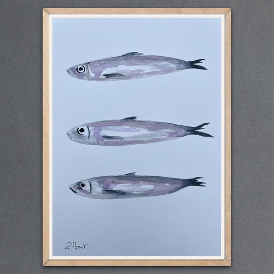 Image 1 of Watercolor sketch "Sardines" signed by the artist, 21x15cm