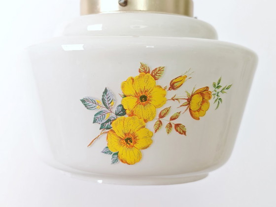 Image 1 of Vintage Floral Glass Pendant Light / Mid Century Hanging Lamp / Retro Ceiling Light / Vintage Kitchen Lighting / 1970s