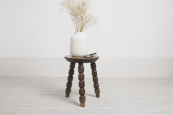 Image 1 of Vintage Bobbin Turned Wooden Stool Plant Stand Brutalist Rustic Tripod Stool Farmhouse Wabi Sabi Decor