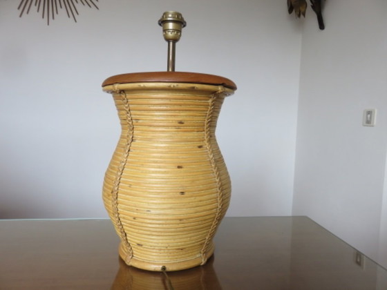 Image 1 of XXL lamp in the style of Gabriella Crespi, rattan, leather and wood, 60s-70s