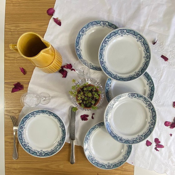 Image 1 of Set of 6 antique Saint Amand et Hamage ironstone earthenware dinner plates, Morocco blue pattern