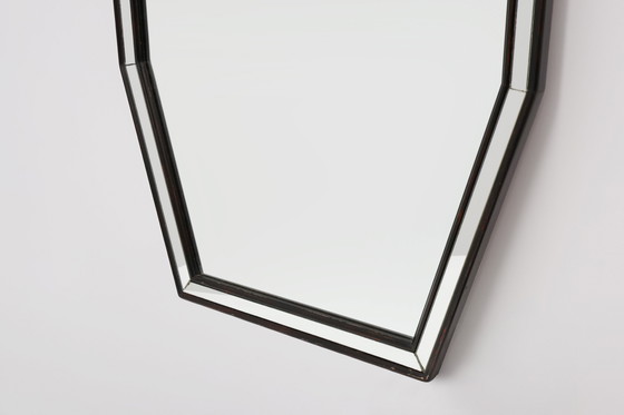 Image 1 of Miroir octogonal graphique du milieu du siècle avec cadre en bois et miroir noir, années 1960.