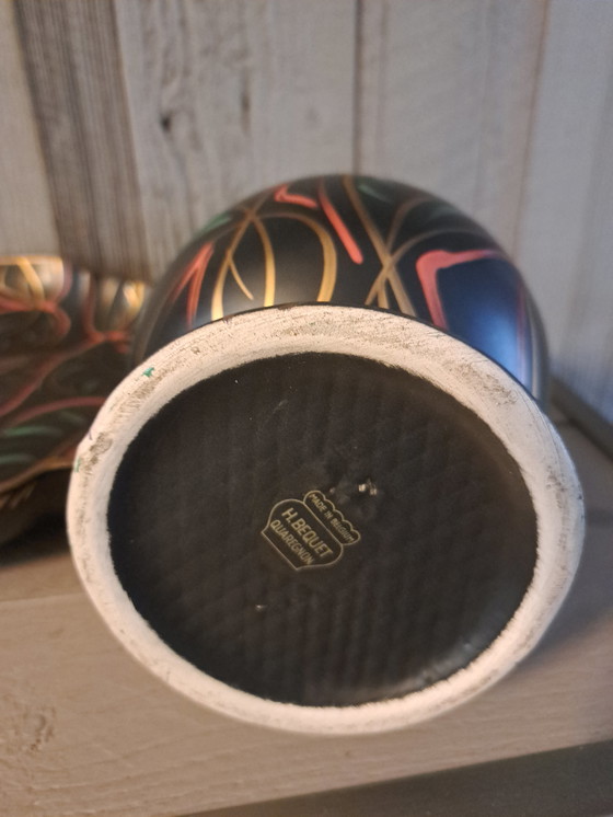 Image 1 of vintage Belgian hand-painted vase by Hubert Bequet from Quaregnon with wall plate