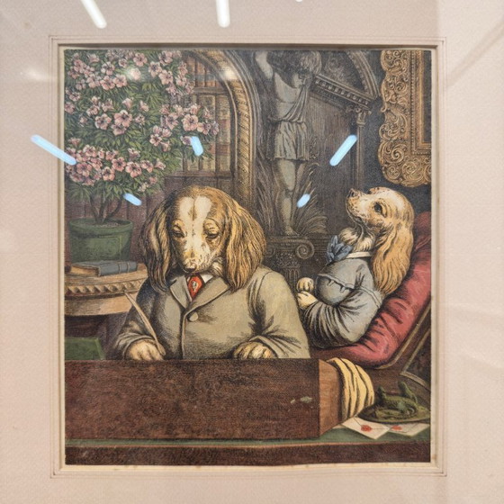 Estampe anglaise Scène avec des chiens – Objets d'art, Verre, Papier (photo 2 of 5)
