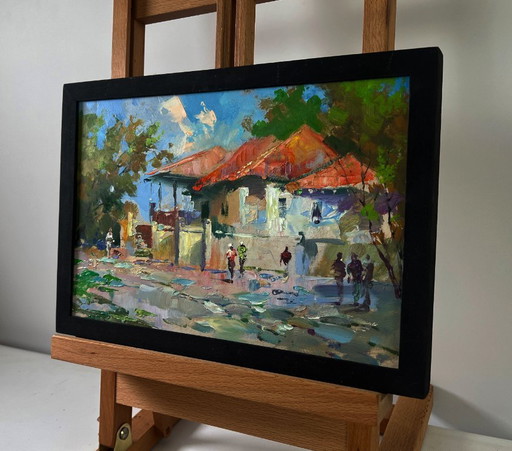 Original Oil Painting Summer House Landscape Building in the heart of the city