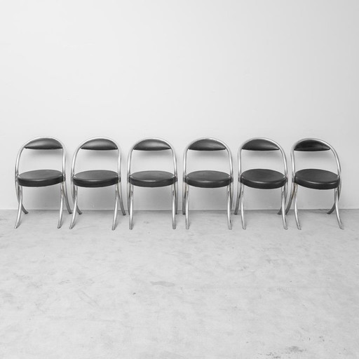 JUEGO DE 6 SILLAS VINTAGE ESTILO GIOTTO STOPPINO DE LOS AÑOS 70 – SILLAS DE DISEÑO CROMADAS CON CUERO SINTÉTICO NEGRO