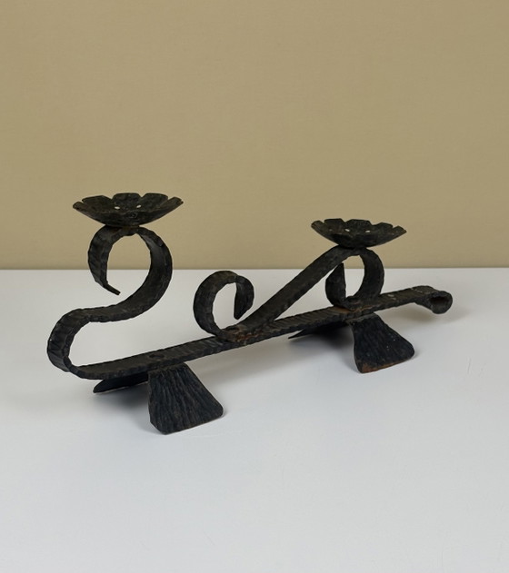 Image 1 of Brutalist forged black iron handmade Scandinavian Viking boat candlestick