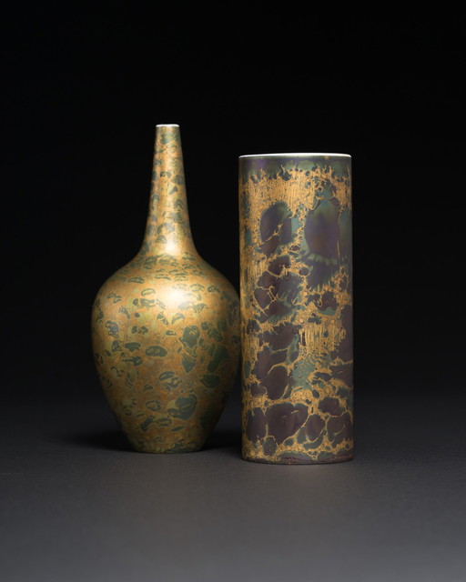 Vase en porcelaine peint à la main Hans Wohlrab Rosenthal H. Drexler Duo Goldfeuer