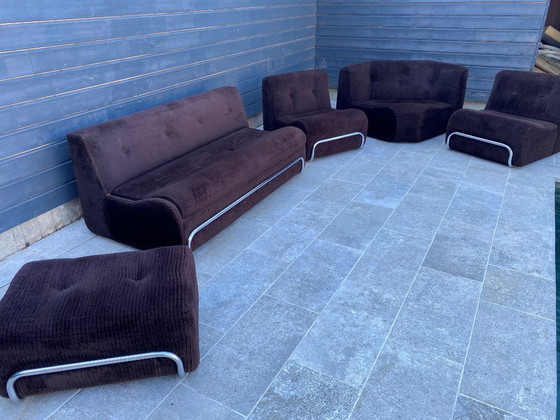 Image 1 of Divano da salotto modulare poltrona poggiapiedi stile Bauhaus in velluto a coste marrone e cromo vintage 1970