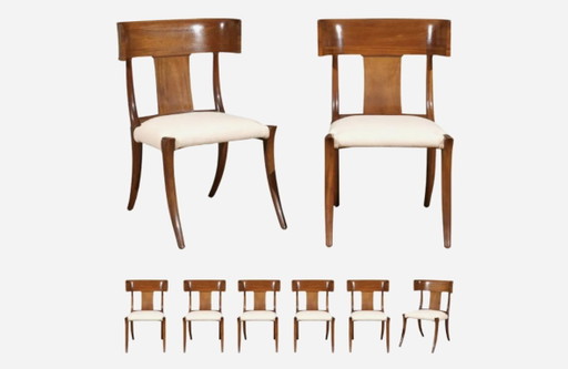 MacDougall 8 Klismos stoelen in walnoothout van Stewart – eetkamerstoelen, Textile, Wood