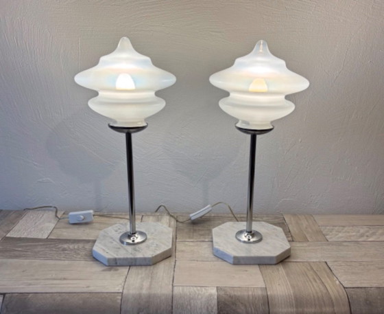 Paire de lampes Space Age - Design - Vintage - Murano - Années 70, Verre, Métal, Blanc, Modern (photo 3 sur 12)