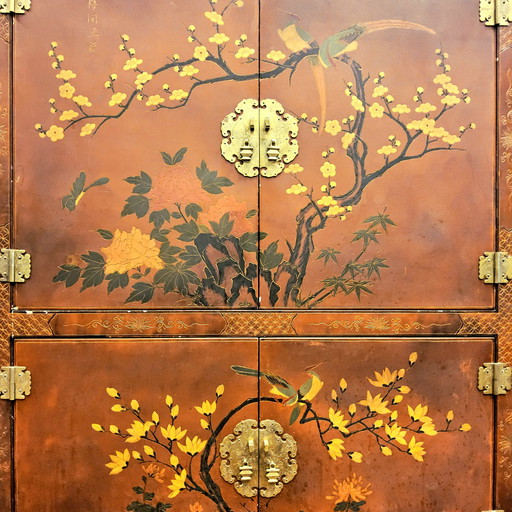 Vintage red Chinese cabinet birds, flowers / bohemian cabinet / oriental cabinet / chinese red cabinet