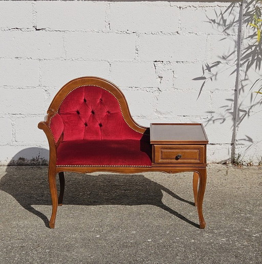 Vintage Franse telefoonbank - Rode fluwelen loveseat - Roddelbank - Stijl Louis XV - jaren 70