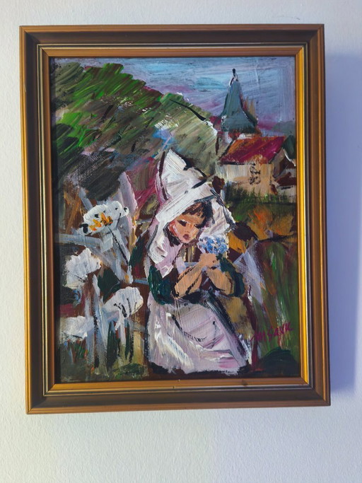 Original Signed Oil Painting – Village Church & Girl – Framed Vintage Artwork