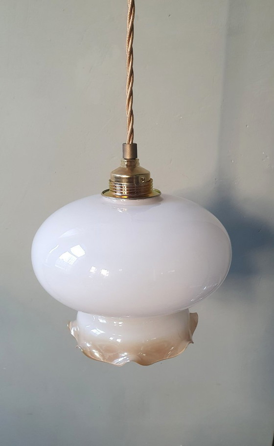Vintage Glazen Hanglamp - Decoratie Rand - Parelmoer Effect. – Hanglampen, Metal (photo 5 of 13)